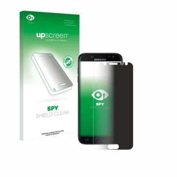 Face avant d’un emballage produit avec le logo de la marque upscreen. À côté, l’appareil Samsung Galaxy J5 2017 est représenté