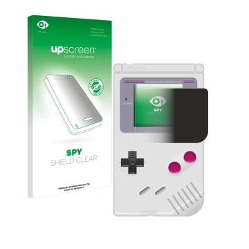 Face avant d’un emballage produit avec le logo de la marque upscreen. À côté, l’appareil Nintendo Gameboy (1989) est représent