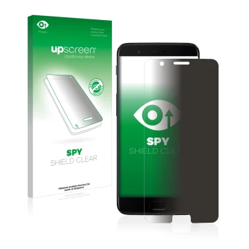 Face avant d’un emballage produit avec le logo de la marque upscreen. À côté, l’appareil OnePlus 5 est représenté avec la prot