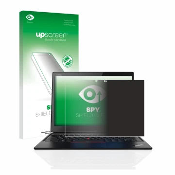 Face avant d’un emballage produit avec le logo de la marque upscreen. À côté, l’appareil Lenovo ThinkPad X1 Yoga (1ère Gen.) e