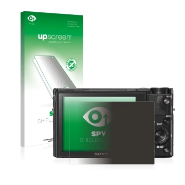 Face avant d’un emballage produit avec le logo de la marque upscreen. À côté, l’appareil Sony Cyber-Shot DSC-RX100 V est repré