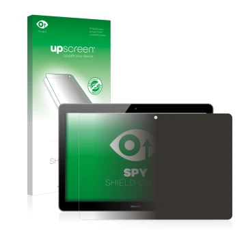 Face avant d’un emballage produit avec le logo de la marque upscreen. À côté, l’appareil Huawei MediaPad T3 10 est représenté 