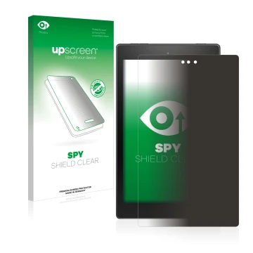 Face avant d’un emballage produit avec le logo de la marque upscreen. À côté, l’appareil Amazon Fire HD 8 2018 (8ème Gen.) est