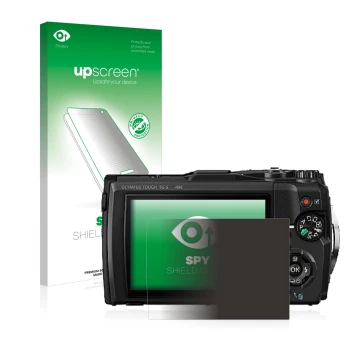 Face avant d’un emballage produit avec le logo de la marque upscreen. À côté, l’appareil Olympus Tough TG-5 est représenté ave