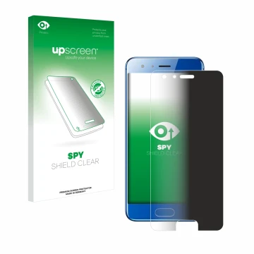 Face avant d’un emballage produit avec le logo de la marque upscreen. À côté, l’appareil Honor 9 est représenté avec la protec