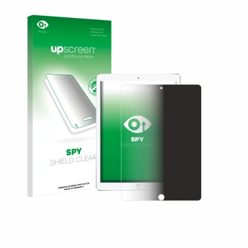 Face avant d’un emballage produit avec le logo de la marque upscreen. À côté, l’appareil Apple iPad Pro 10.5