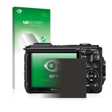 Face avant d’un emballage produit avec le logo de la marque upscreen. À côté, l’appareil Nikon Coolpix W300 est représenté ave