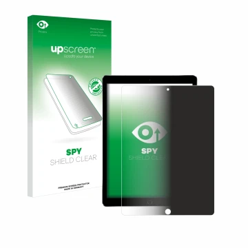 Face avant d’un emballage produit avec le logo de la marque upscreen. À côté, l’appareil Apple iPad Pro 12.9