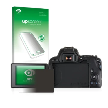 Face avant d’un emballage produit avec le logo de la marque upscreen. À côté, l’appareil Canon EOS 200D est représenté avec la