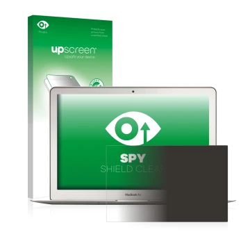 Face avant d’un emballage produit avec le logo de la marque upscreen. À côté, l’appareil Apple MacBook Air 13