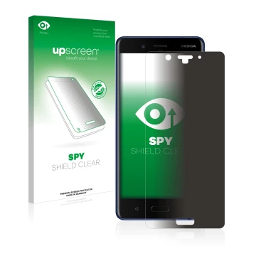 Face avant d’un emballage produit avec le logo de la marque upscreen. À côté, l’appareil Nokia 8 est représenté avec la protec