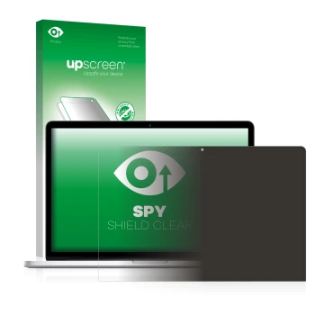 Face avant d’un emballage produit avec le logo de la marque upscreen. À côté, l’appareil Apple MacBook Pro 15