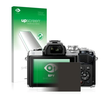Face avant d’un emballage produit avec le logo de la marque upscreen. À côté, l’appareil Olympus OM-D E-M10 Mark III est repré