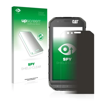 Face avant d’un emballage produit avec le logo de la marque upscreen. À côté, l’appareil Caterpillar Cat S31 est représenté av