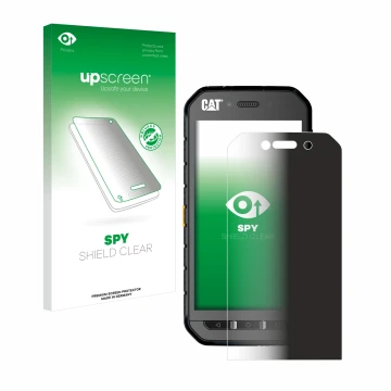 Face avant d’un emballage produit avec le logo de la marque upscreen. À côté, l’appareil Caterpillar Cat S41 est représenté av