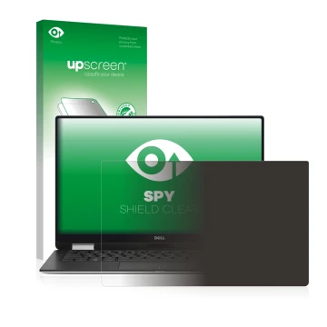 Face avant d’un emballage produit avec le logo de la marque upscreen. À côté, l’appareil Dell XPS 13 9365 2-in-1 est représent