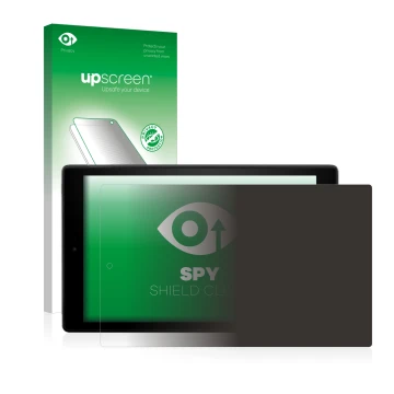 Face avant d’un emballage produit avec le logo de la marque upscreen. À côté, l’appareil Amazon Fire HD 10 2017 (7ème Gen.) es