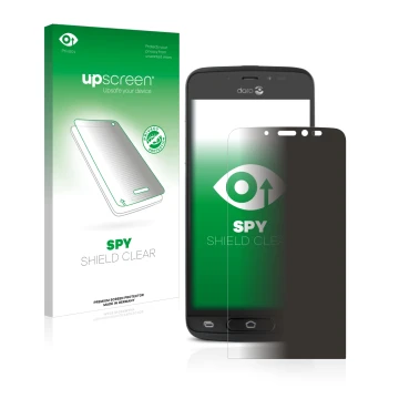 Face avant d’un emballage produit avec le logo de la marque upscreen. À côté, l’appareil Doro 8040 est représenté avec la prot