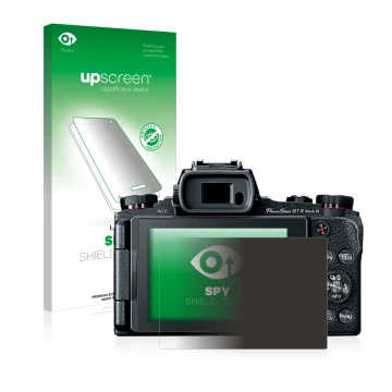 Face avant d’un emballage produit avec le logo de la marque upscreen. À côté, l’appareil Canon PowerShot G1 X Mark III est rep
