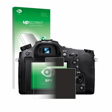Face avant d’un emballage produit avec le logo de la marque upscreen. À côté, l’appareil Sony Cyber-Shot DSC-RX10 IV est repré