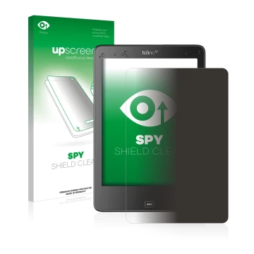 Face avant d’un emballage produit avec le logo de la marque upscreen. À côté, l’appareil Tolino Epos est représenté avec la pr