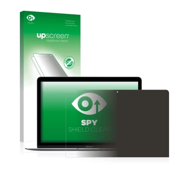 Face avant d’un emballage produit avec le logo de la marque upscreen. À côté, l’appareil Apple MacBook Retina 12