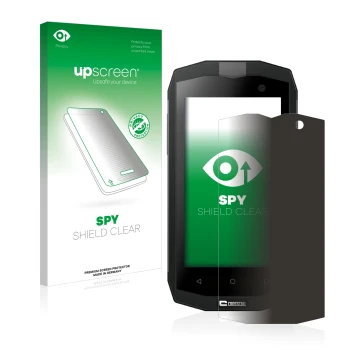 Face avant d’un emballage produit avec le logo de la marque upscreen. À côté, l’appareil Crosscall Trekker M1 est représenté a