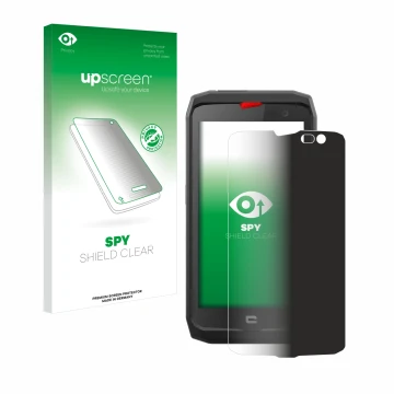 Face avant d’un emballage produit avec le logo de la marque upscreen. À côté, l’appareil Crosscall Action X3 est représenté av