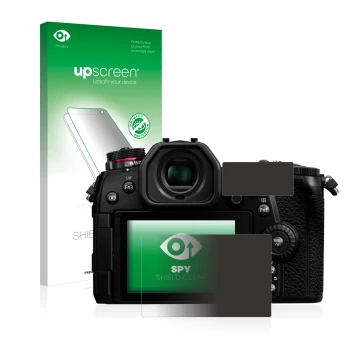 Face avant d’un emballage produit avec le logo de la marque upscreen. À côté, l’appareil Panasonic Lumix DC-G9 est représenté 