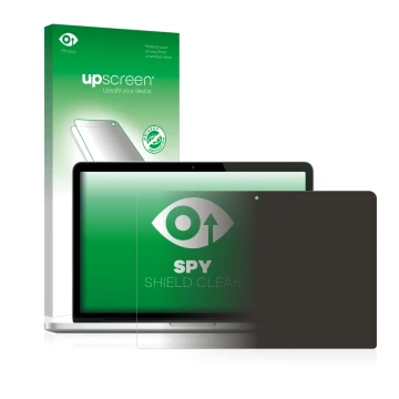 Face avant d’un emballage produit avec le logo de la marque upscreen. À côté, l’appareil Apple MacBook Pro Retina 13