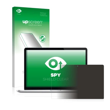 Face avant d’un emballage produit avec le logo de la marque upscreen. À côté, l’appareil Apple MacBook Pro Retina 15