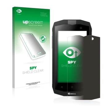 Face avant d’un emballage produit avec le logo de la marque upscreen. À côté, l’appareil Crosscall Trekker M1 Core est représe