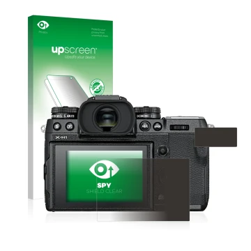 Face avant d’un emballage produit avec le logo de la marque upscreen. À côté, l’appareil Fujifilm X-H1 est représenté avec la 