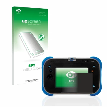 Face avant d’un emballage produit avec le logo de la marque upscreen. À côté, l’appareil Vtech Storio Max 2.0 est représenté a