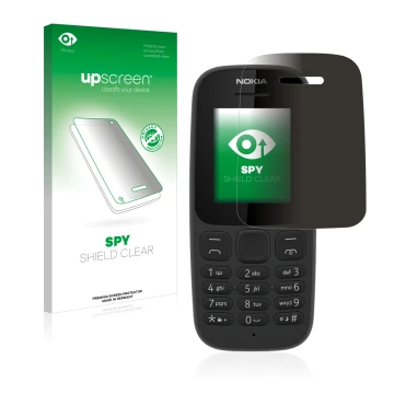 Face avant d’un emballage produit avec le logo de la marque upscreen. À côté, l’appareil Nokia 105 2017 est représenté avec la