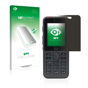 Face avant d’un emballage produit avec le logo de la marque upscreen. À côté, l’appareil Cisco IP Phone 8821 est représenté av