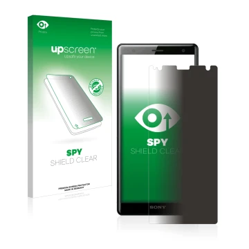 Face avant d’un emballage produit avec le logo de la marque upscreen. À côté, l’appareil Sony Xperia XZ2 est représenté avec l