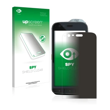Face avant d’un emballage produit avec le logo de la marque upscreen. À côté, l’appareil Caterpillar Cat S61 est représenté av