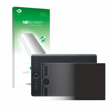 Face avant d’un emballage produit avec le logo de la marque upscreen. À côté, l’appareil Wacom Intuos Pro M (2017) est représe