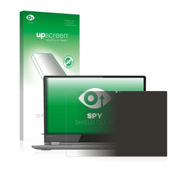 Face avant d’un emballage produit avec le logo de la marque upscreen. À côté, l’appareil Lenovo Yoga 530 est représenté avec l