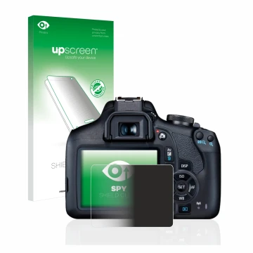 Face avant d’un emballage produit avec le logo de la marque upscreen. À côté, l’appareil Canon EOS 2000D est représenté avec l