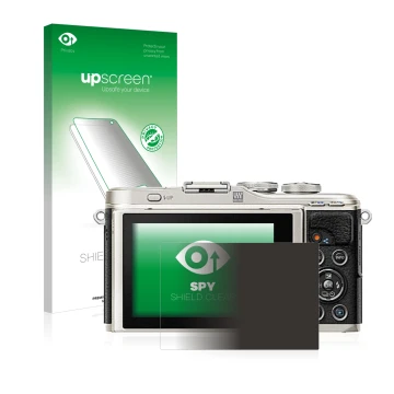 Face avant d’un emballage produit avec le logo de la marque upscreen. À côté, l’appareil Olympus PEN E-PL9 est représenté avec