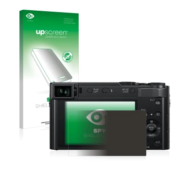 Face avant d’un emballage produit avec le logo de la marque upscreen. À côté, l’appareil Panasonic Lumix DC-TZ202 est représen