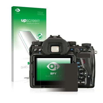 Face avant d’un emballage produit avec le logo de la marque upscreen. À côté, l’appareil Pentax K-1 Mark II est représenté ave