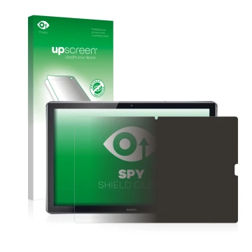 Face avant d’un emballage produit avec le logo de la marque upscreen. À côté, l’appareil Huawei MediaPad M5 10.8 est représent