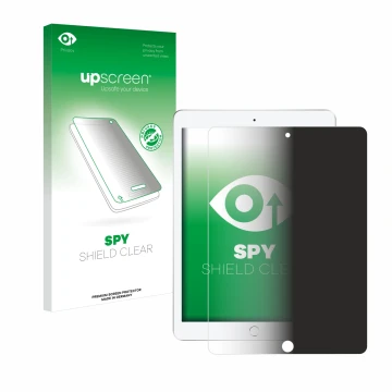 Face avant d’un emballage produit avec le logo de la marque upscreen. À côté, l’appareil Apple iPad 9.7
