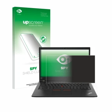 Face avant d’un emballage produit avec le logo de la marque upscreen. À côté, l’appareil Lenovo ThinkPad T480s est représenté 