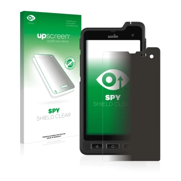 Face avant d’un emballage produit avec le logo de la marque upscreen. À côté, l’appareil Sonim XP8 est représenté avec la prot