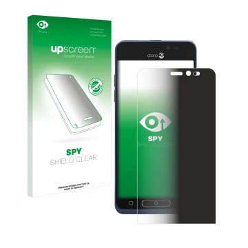 Face avant d’un emballage produit avec le logo de la marque upscreen. À côté, l’appareil Doro 8035 est représenté avec la prot