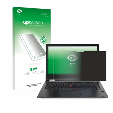 Face avant d’un emballage produit avec le logo de la marque upscreen. À côté, l’appareil Lenovo ThinkPad Yoga X380 est représe